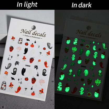 1sheet 5D Halloween Nail Stickers Pink/Green/Black Cartoon Pattern Nail Art Slider DIY For Sweet Cool Girl Cute Nail Decoration