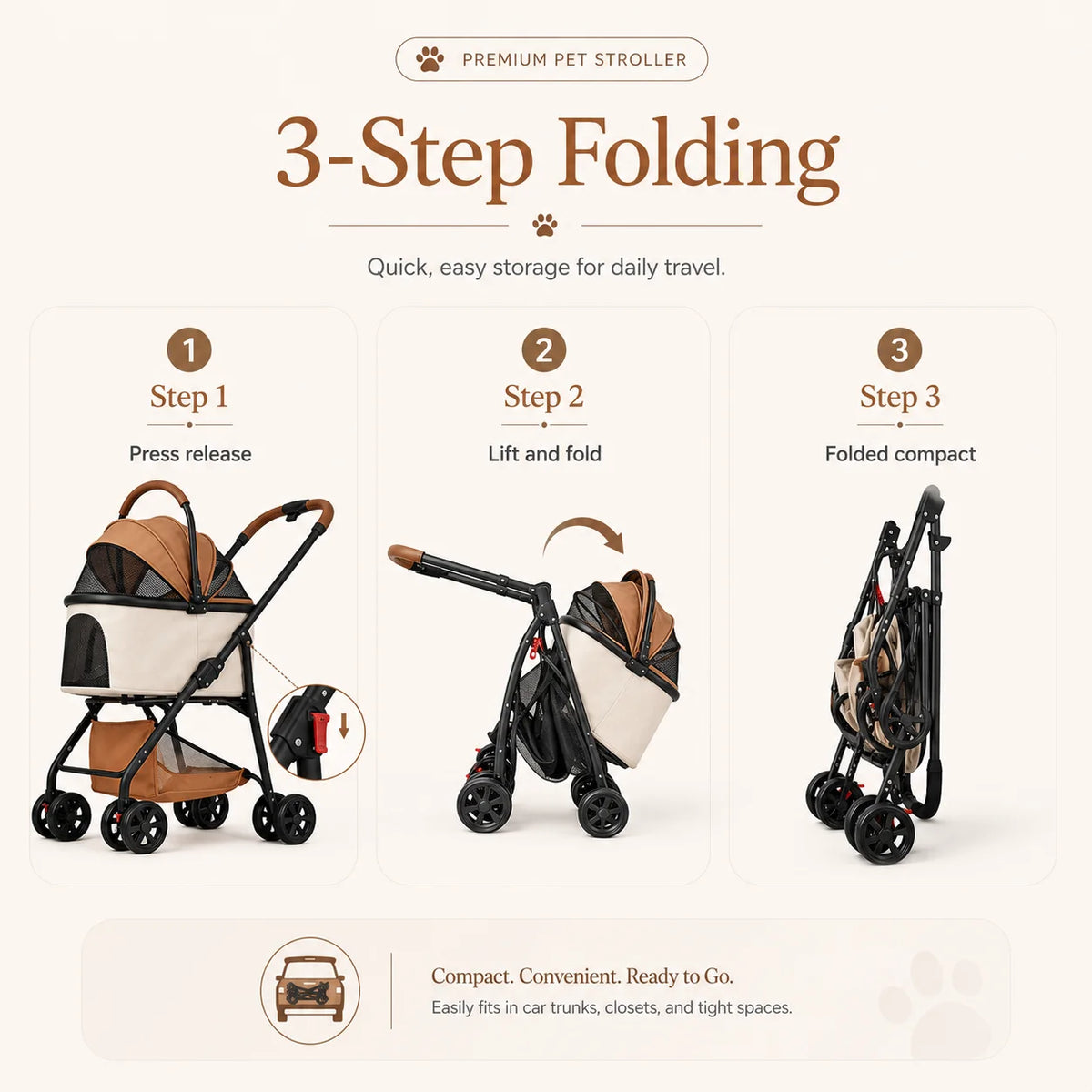 Foldable Pet Stroller Detachable Cabin Large Lower Basket Breathable Mesh Canopy For Cats Small Dogs Portable Travel Carrier