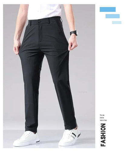 Ultra-thin Elastic Men's Casual Trousers Summer Quick-drying Ice Silk Slim Straight Business Solid Color Y2K Trousers Black Gray