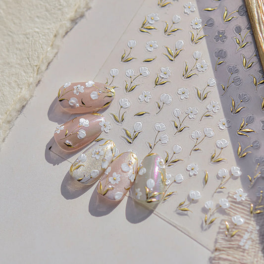 Gold Leaf White Flower Bouquet Floral Petal Tulip Bloom Charming Retro Metal Self Adhesive 5D Nail Art Sticker Manicure Decals