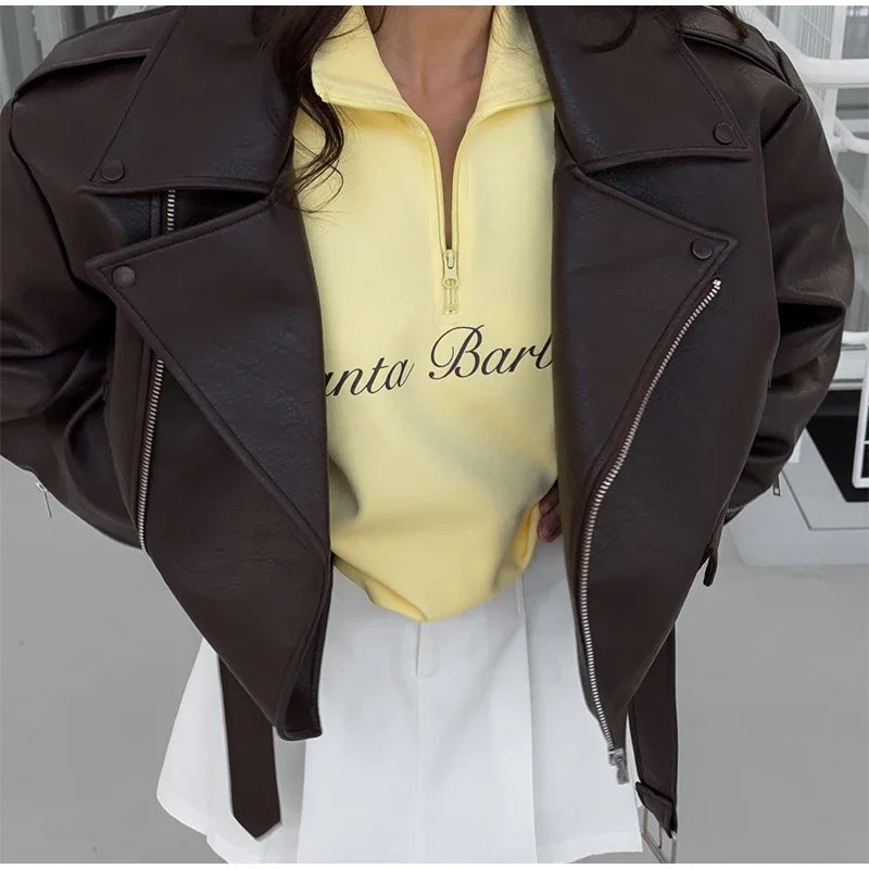 Retro Brown Lace Up Lapel Leather Jacket Women Fashion Zipper Pocket Full Sleeve Short Coat 2025 New Autumn High Street Outwears
