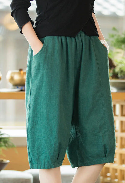 Johnature Women Solid Color Linen Casual Shorts 2025 Summer New Elastic Waist Striped Shorts