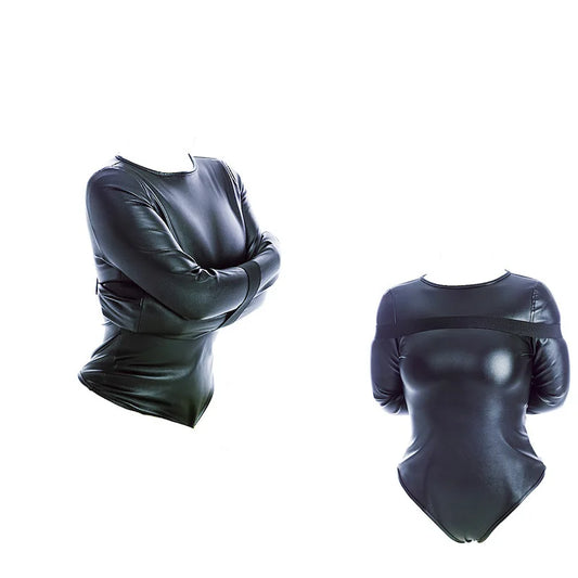 BDSM Bondage Long Sleeve Bodysuit,Adjustable Belt,Leather Arm Binder Restraint Straitjacket,Slave Cosplay Costume Women Sex Toys
