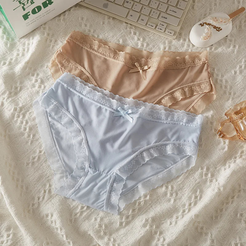 4 PCS/PACK Solid Color Women's Panties Mid-Waist Breathable Comfort Sexy Antibacterial Lace Innerwear