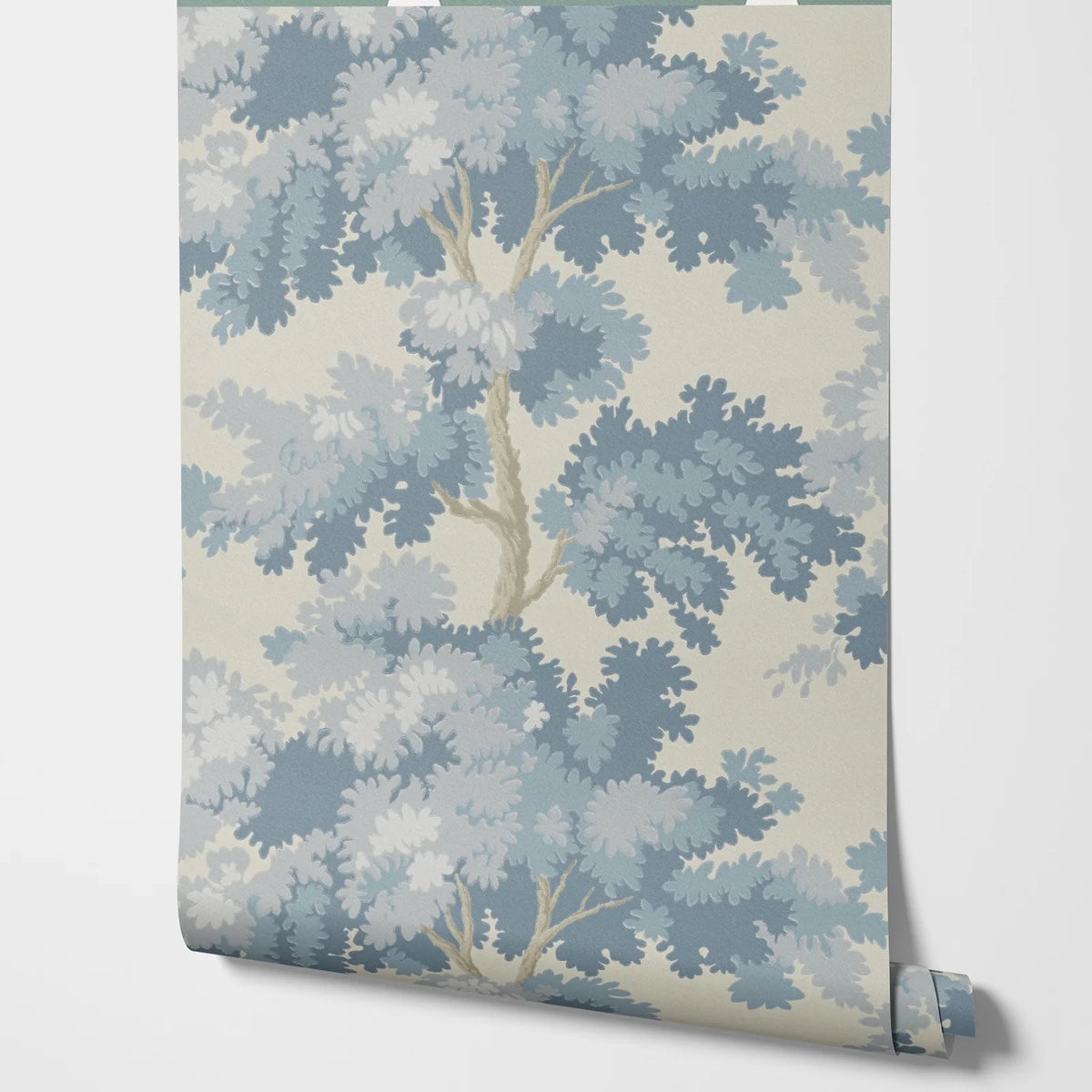 Misty Forest Wallpaper with an antique woven tapestry showing a lush landscape in light blue, Scandinavian Wallpaper Raphael