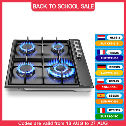 4 Burners Black Enamelled Plate 58 cm Automatic Flame Protection, Natural Gas and Propane Gas, Built-in Gas Hob