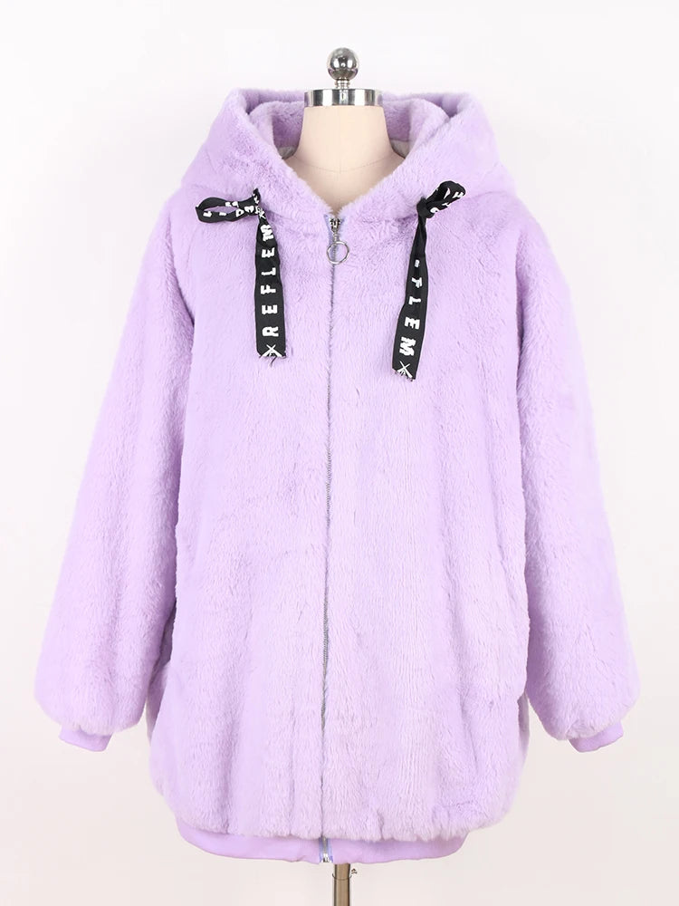 Nerazzurri Autumn Winter Sweet Cute Kawaii Soft Thick Warm Faux Fur Coat Women with Bunny Ears Cute Fluffy Jacket Hoodie 2024