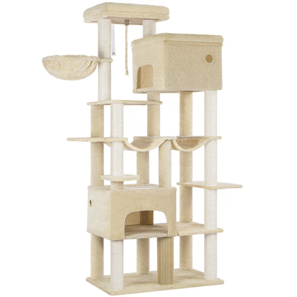 200cm XXL cat tree with 10 scratching posts, 2 caves, 2 hammocks, large platform,basket,for Maine Coons,large cats, beige