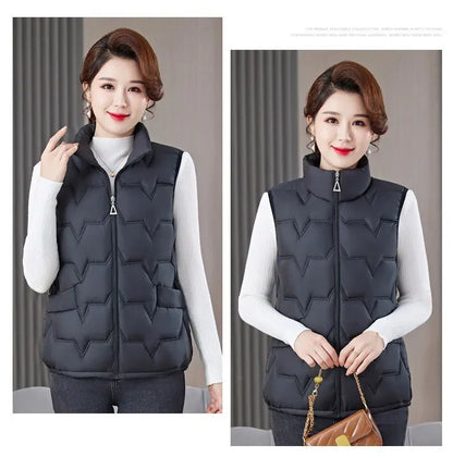 Fashion Women Down Cotton Jackets Vests Solid Stand Collar Zipper Cardigan Thicken Autumn Winter Warm Casual Sleeveless Coats