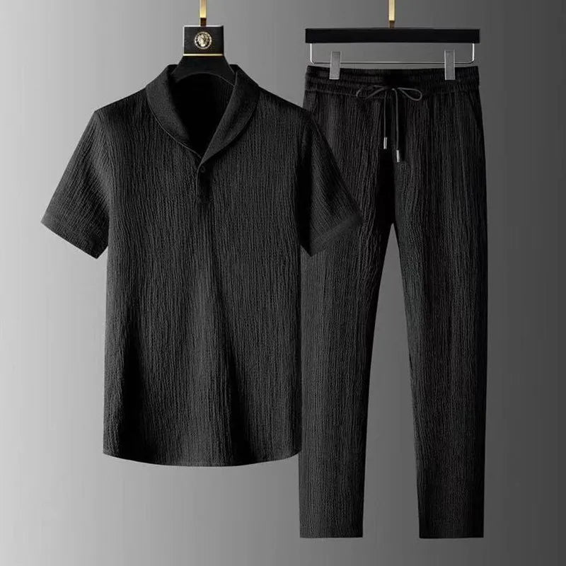 Summer Linen Set Men's Short Sleeve T-Shirt Tang Suit Style Casual Men's Wear Complete Set Lightweight Ice Silk Material