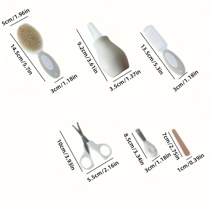 6/7-piece Baby Daily Care Set - Baby Nasal Irrigator, Small Scissors, Soft Hairbrush, Nail File, Small Toothbrush, Nail Clipper