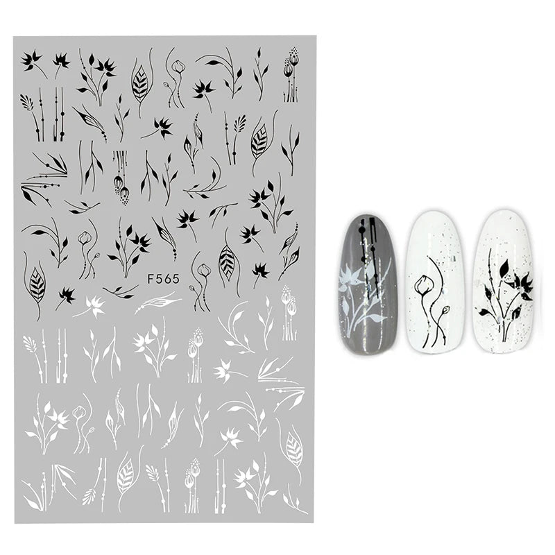 Black and White Love Flowers Line Art 3D Stickers Nail Decals Nail Art Accessories Butterfly Rose Nail Stickers Nail Sliders