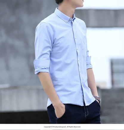 Classic Fit Cotton Full Casual Shirts for Men Solid Color Long-Sleeve Plain Shirt Single Pocket Top Soft Slim Fit Formal Clothes