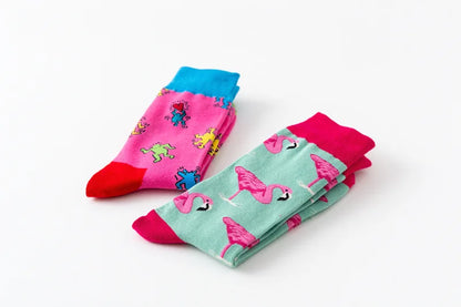 1Pair 35-44 Men Casual Cotton Sock Harajuku Cartoon Flamingo Loving Heart Cute Funny Character Japanese Socks