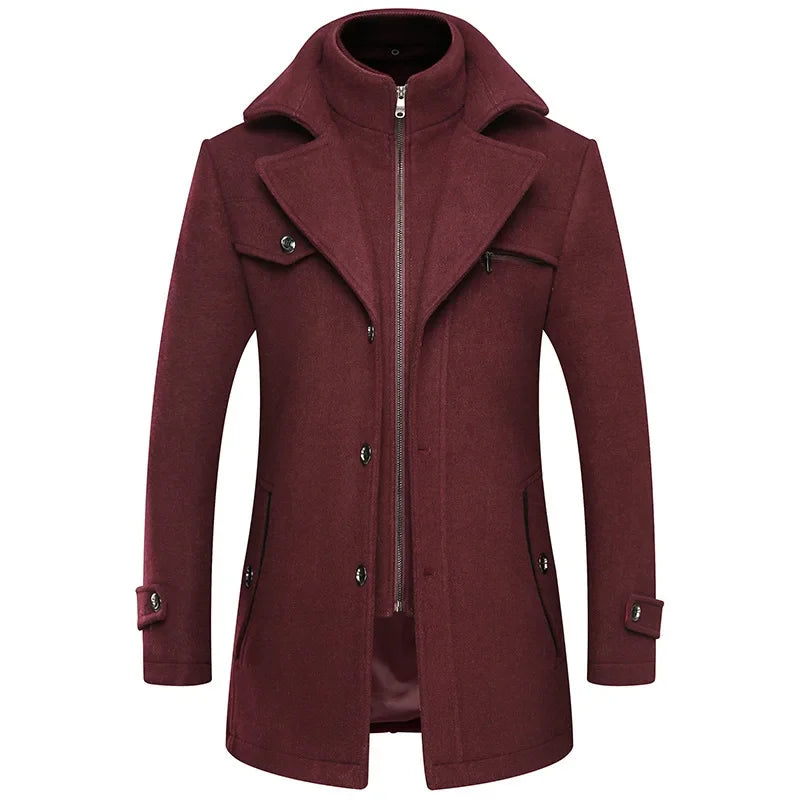 Autumn Winter Double Collar Woolen Coats Men Thick Business Casual Wool Blends Trench Coat Male Solid Turn Down Collar Outerwear