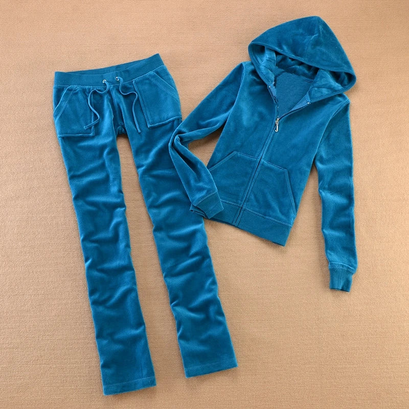 Solid Color Velvet Tracksuit 2025 Women's Zipper Top and Pants Suit Two-Piece Set