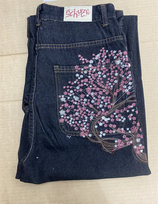 Hip-hop gold coin jeans Y2K retro low waist wide leg zipper pants y2k clothing men's fashion embroidered loose jeans