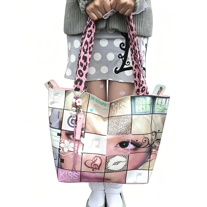 Brand Portrait Print Tote Bag Large Capacity Top-handle Shopper Bag Fashion Pvc Kraft Paper Shoulderbag Waterproof Pouch Storage