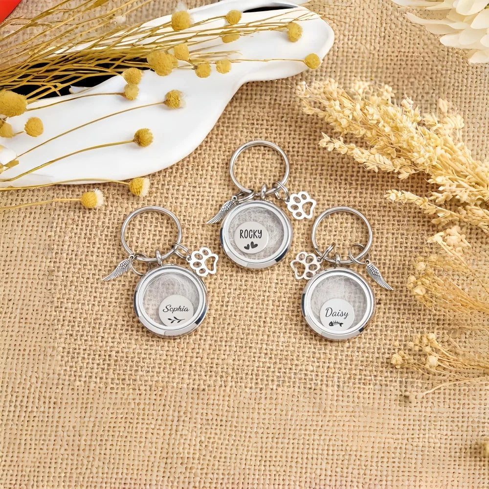 Personalized Pet Memorial Key Ring Collar Dog Cat Fur Hair Keepsake Holder Loss Remembrance Gifts for Women Men