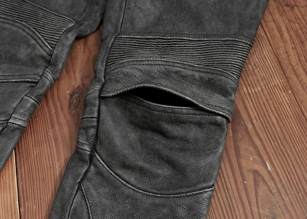 Men's Vintage Gray Black Motorcycle Style Trousers Genuine Thick Cowhide Biker's Pants Real Natural Leather Skinny Pants 4XL