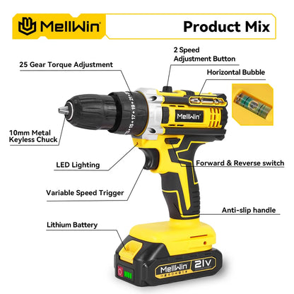 MELLWIN 25+3 Torque Electric Impact Drill 2 Speed Adjustable Cordless Electric Screwdriver Power Tool For Makita 18V Battery Pin