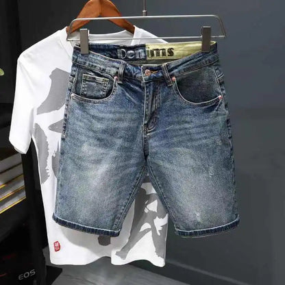 Summer Trendy Brand Handsome Denim Shorts Men's Washed Embroidered Patch Trendy Short Pants Ripped Slim-fit Elastic Middle Pants
