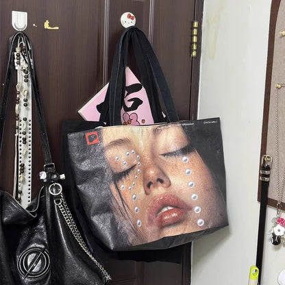 Brand Portrait Print Tote Bag Large Capacity Top-handle Shopper Bag Fashion Pvc Kraft Paper Shoulderbag Waterproof Pouch Storage