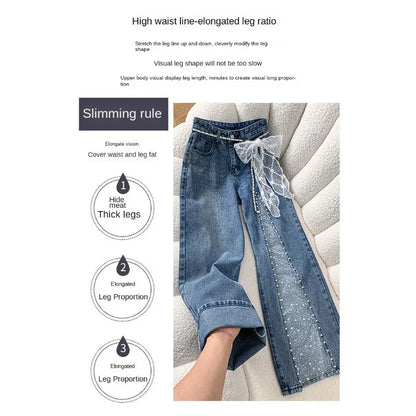 Women Jeans Pants Baggy Jeans Spring Flare Trousers Lace Applique Crystal Wide Leg Pearl Slit Distressed Design