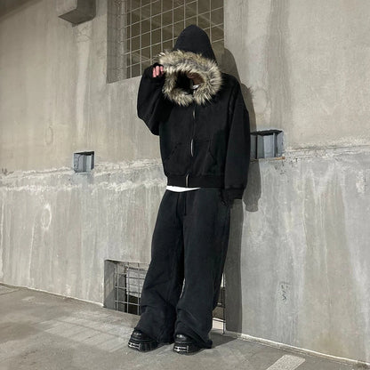 Fluffy Hat Hoodie Solid Color Casual Long Sleeve Hoodie Retro Coat Street Trend Y2K