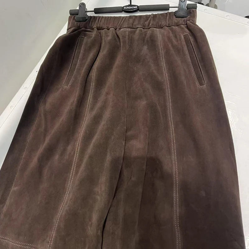 Retro Suede Leather Cropped Pants for Women Femae Genuine Leather Wide Leg Floor Long Trousers Straight Cylinder Spodnie Damskie