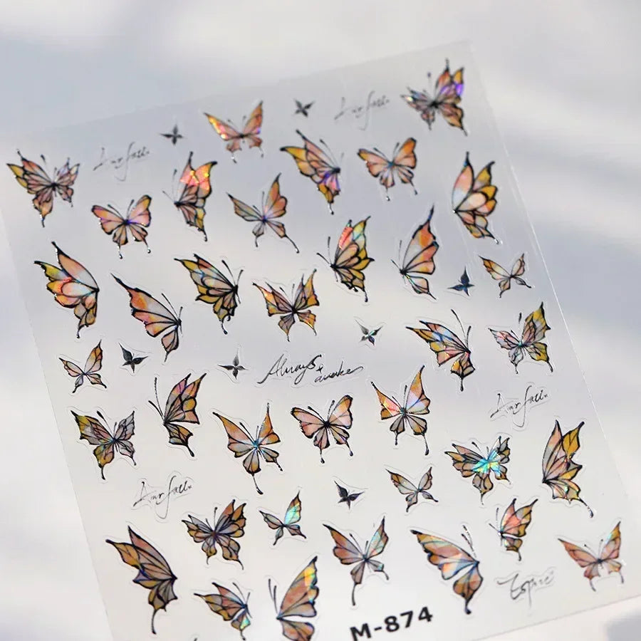 Shiny Jelly Butterfly Charming Golden Gradient Bowknot 5D Self Adhesive Nail Art Sticker Flower Petal Rhinestone Manicure Decals