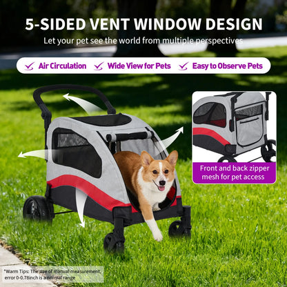 Heavy Duty Pet Wagon & Large Dog Stroller , Collapsible Dog Cart with Adjustable Handle, Breathable Mesh and Storage Pockets