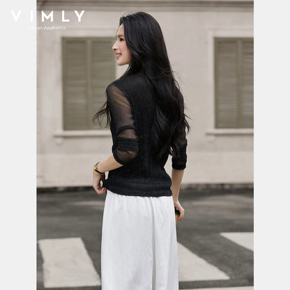VIMLY Woman Knitting Sweater Slim Autumn 2026 Casual Female Long Sleeve Sweater Stand Neck Strecth Pullover Ladies Tops A2528