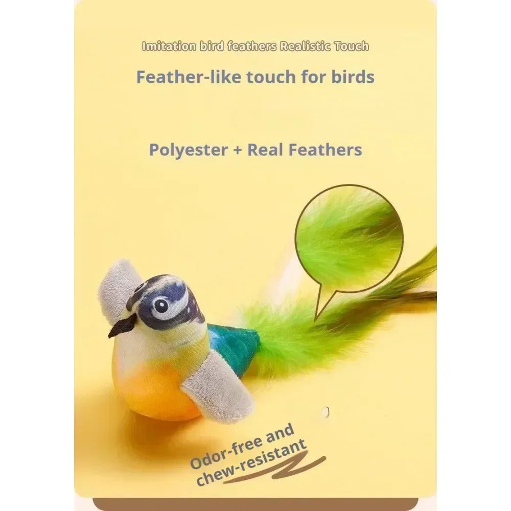 Bird Sound Cat Toy Brown Green Blue Color Options and Combination Set Plush Feather Hanging Teaser for Indoor Cats Chasing Play