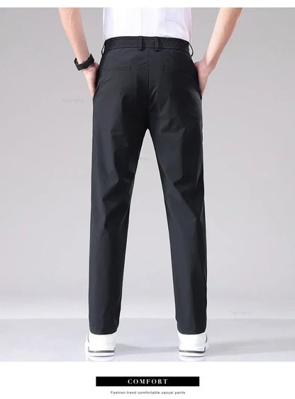 Ultra-thin Elastic Men's Casual Trousers Summer Quick-drying Ice Silk Slim Straight Business Solid Color Y2K Trousers Black Gray