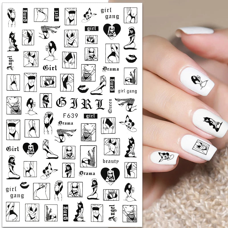Black and White Love Flowers Line Art 3D Stickers Nail Decals Nail Art Accessories Butterfly Rose Nail Stickers Nail Sliders