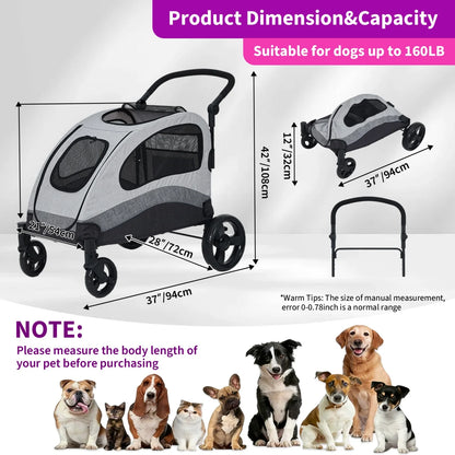 Heavy Duty Pet Wagon & Large Dog Stroller , Collapsible Dog Cart with Adjustable Handle, Breathable Mesh and Storage Pockets