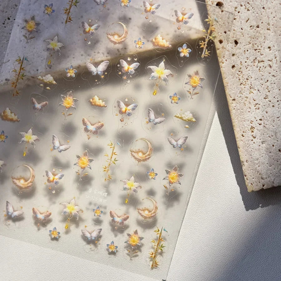 Shiny Jelly Butterfly Charming Golden Gradient Bowknot 5D Self Adhesive Nail Art Sticker Flower Petal Rhinestone Manicure Decals
