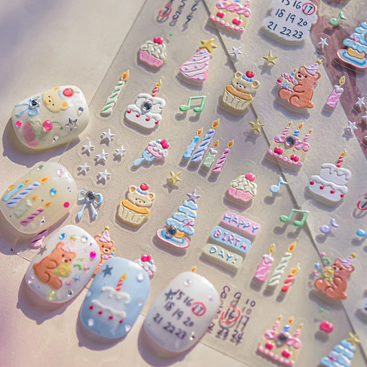 Colorful 5D Happy Birthday Nail Art Sticker Cake Candle Numbers Musical Note Cute Bear Stars Cherry Self Adhesive Manicure Decal