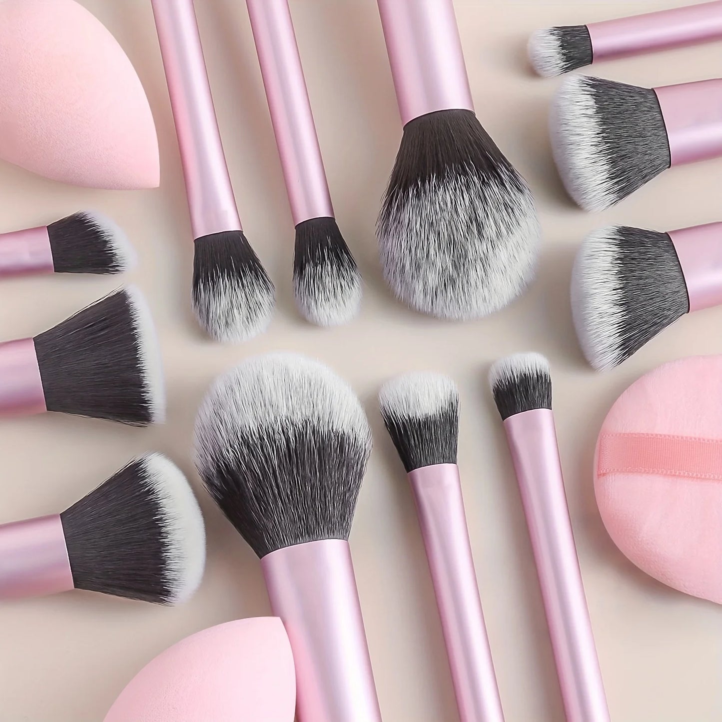 12-Piece Classic Full Makeup Brush Set with Angled and Teardrop Blenders, 1 Powder Puff - Professional Application Tools, Nylon
