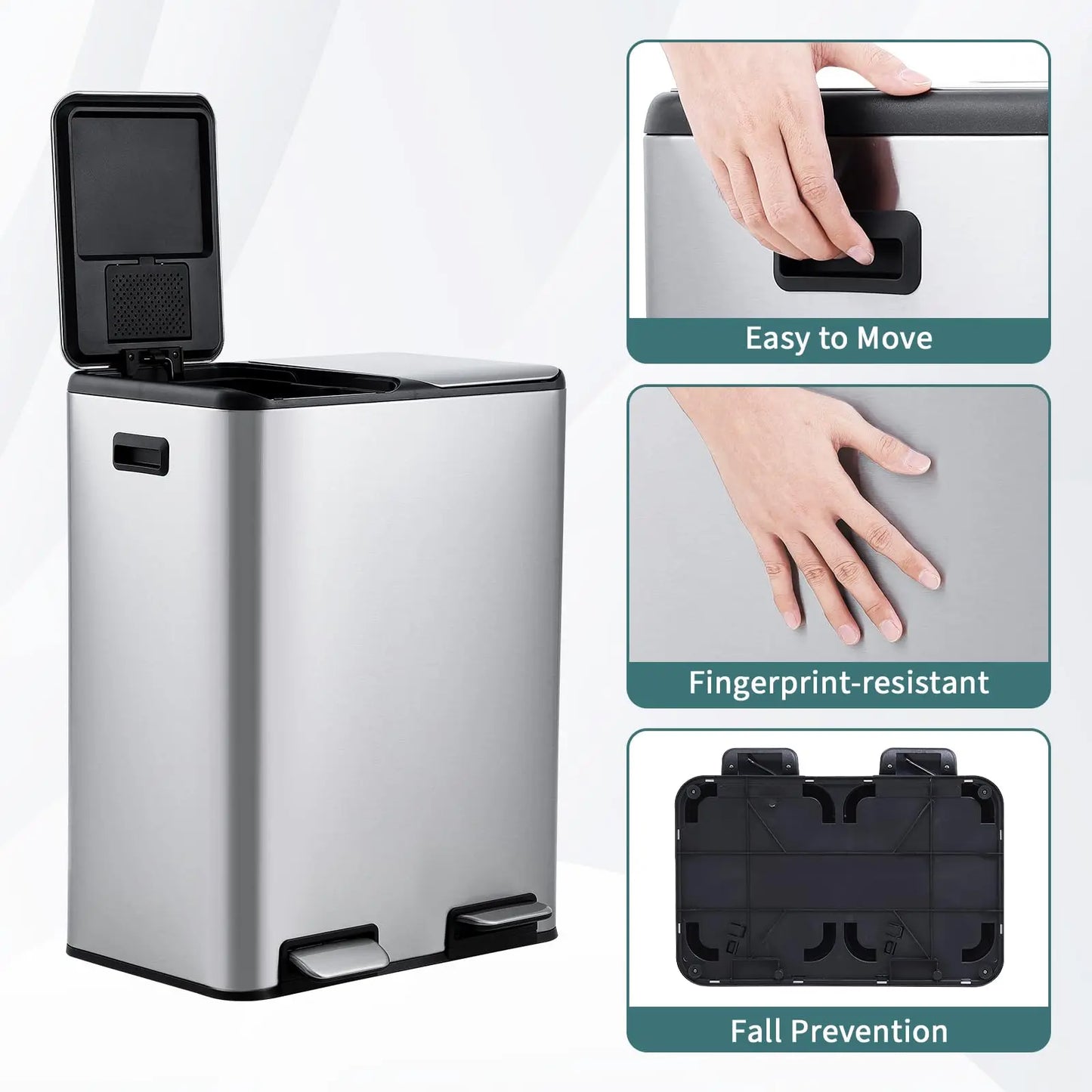 2 * 30L Stainless Steel TrashCan Dual Classification Foot Pedal Bins - Soft Close Lid/Removable Liner Buckets Recycling Solution