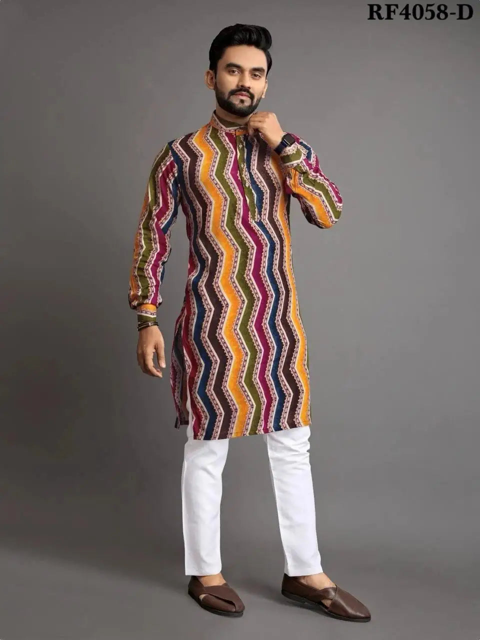 2025 Men Digital Printed Kurta Shirt Regular Fit Mandarin Collar Long Suitable All Occasions Such Wedding Hari Raya Aidilfitri