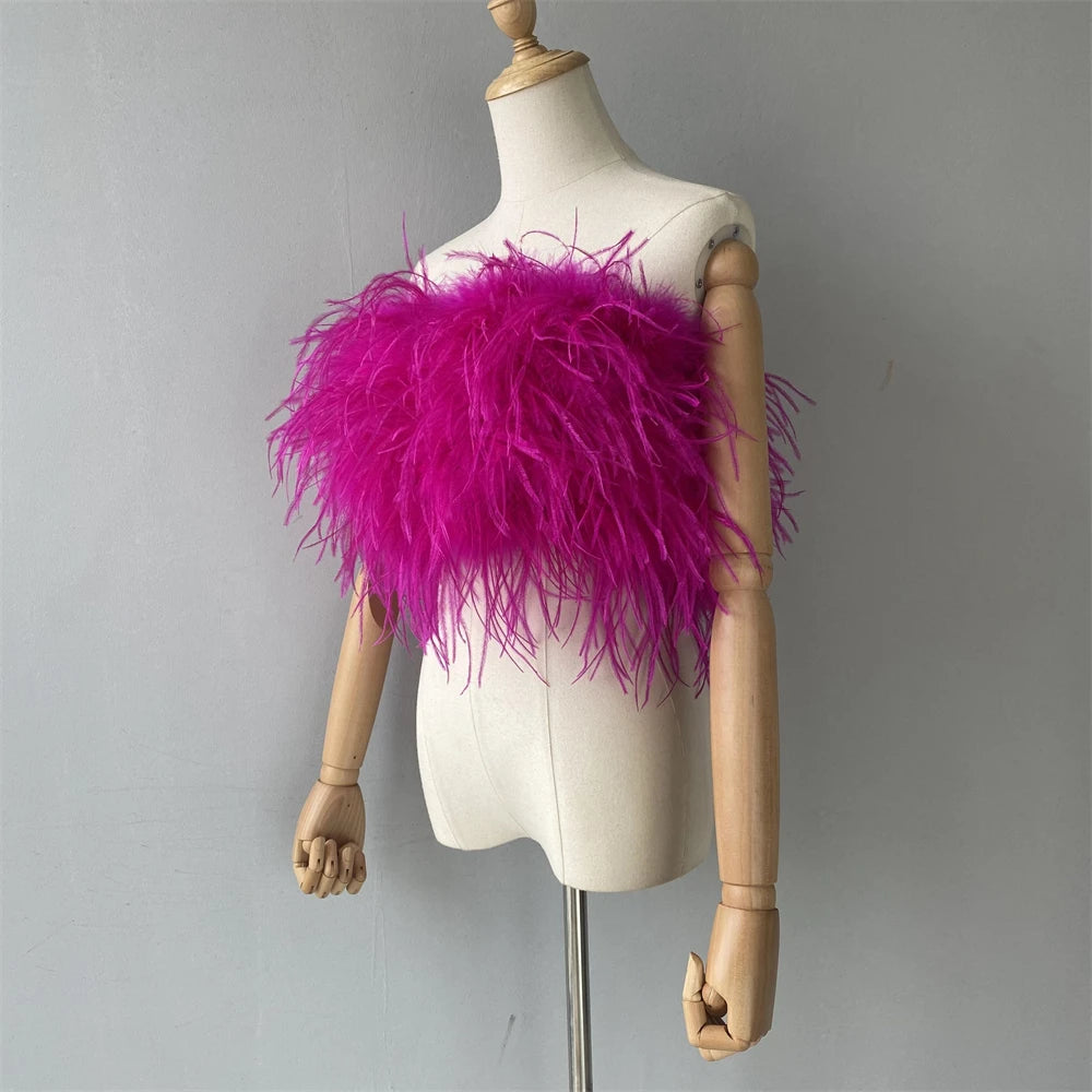 Jaxmonoy New Women Ostrich Feather Tube Spring Summer Sexy Stretch Top Bra Lady Party Wedding Fashion Sleeveless Cropped Top