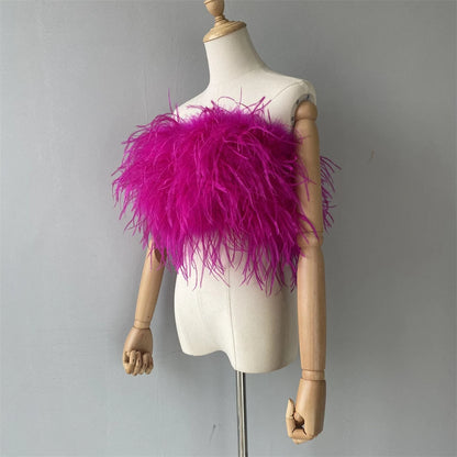 Jaxmonoy New Women Ostrich Feather Tube Spring Summer Sexy Stretch Top Bra Lady Party Wedding Fashion Sleeveless Cropped Top
