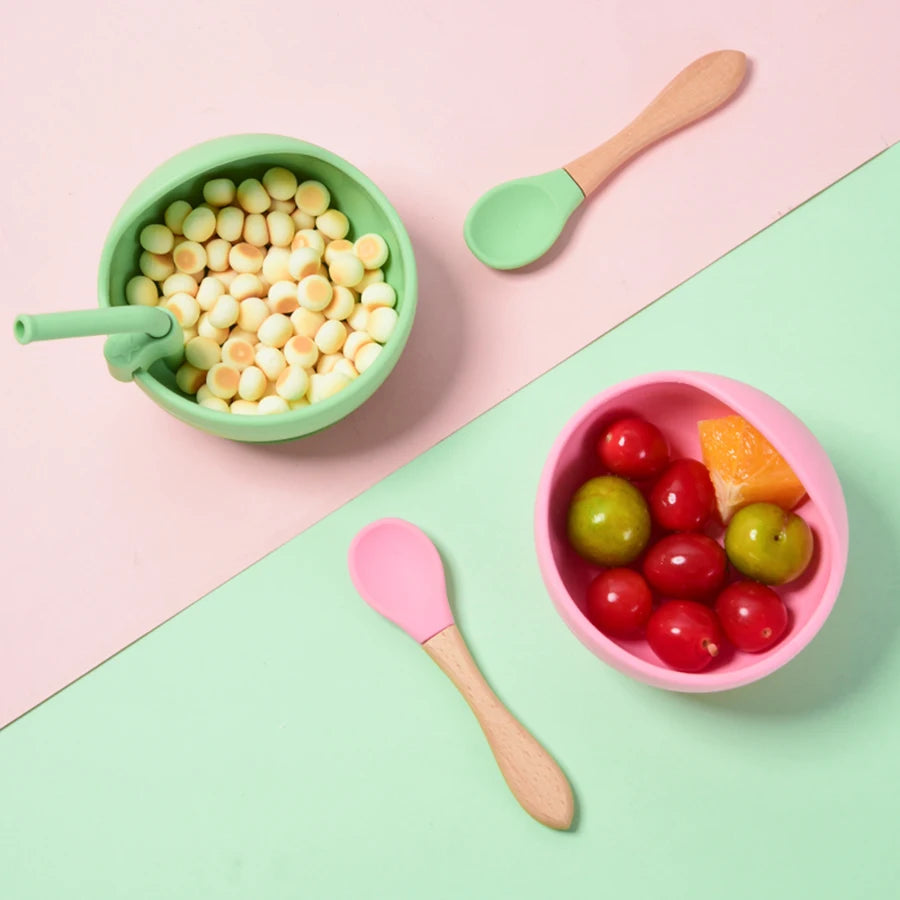 High Quality Spill-Proof Silicone Feeding Bowl Baby Dishes Kid Dinner Spoon Food Grade Silicone Baby Silicone Tableware