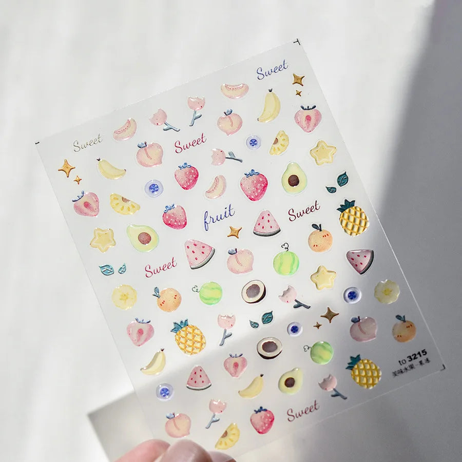 Fresh Sweet Fruits Strawberry Cherry Bowknot Love Heart Lemon 5D Nail Art Stickers Self Adhesive Decorations Nail Manicure Decal