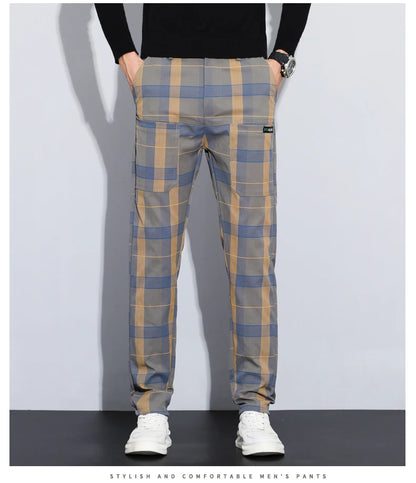 Autumn Winter Luxury Plaid Check Pattern Casual Pants Men Thick Business Elastic Waist Slim Fit Korean Pocket Long Trousers Male