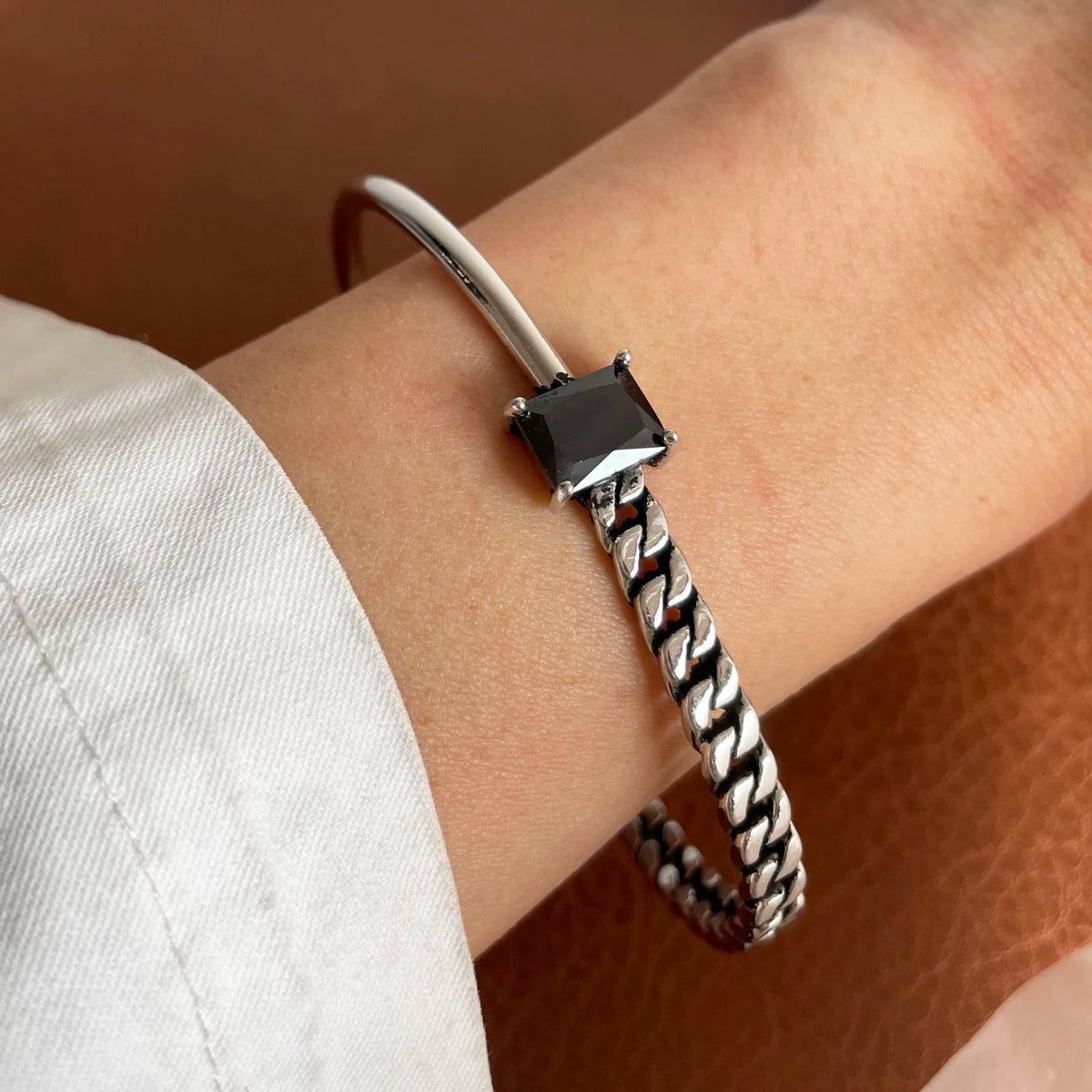 100% Solid 925 Sterling Silver Metal Bracelet for Women Vintage Handmade Simple Retro Black Stone Bracelet Birthday Gift Party