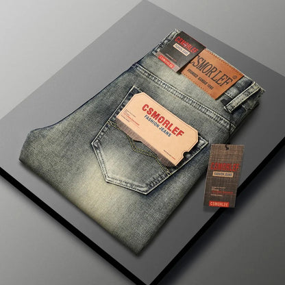 High-end Light Luxury Brand Jeans Men's Retro Slim Fit Straight Versatile Casual Gray Trousers Autumn and Winter Thick Jeans