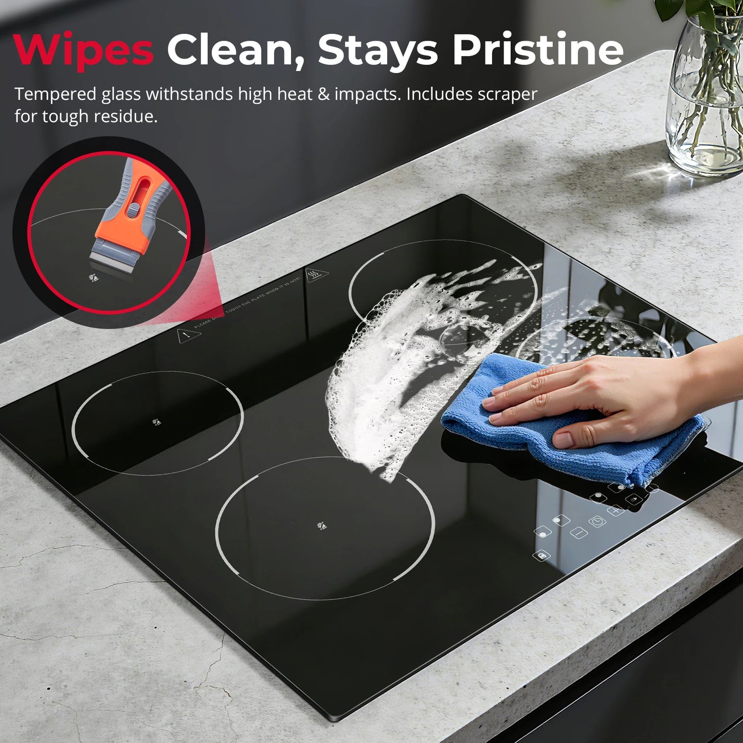 6000W Built-in Ceramic Hob, 4 Zone Induction Cooktop with Touch Control, 9 Power Levels, Timer & Child Lock, 60cm Black Glass